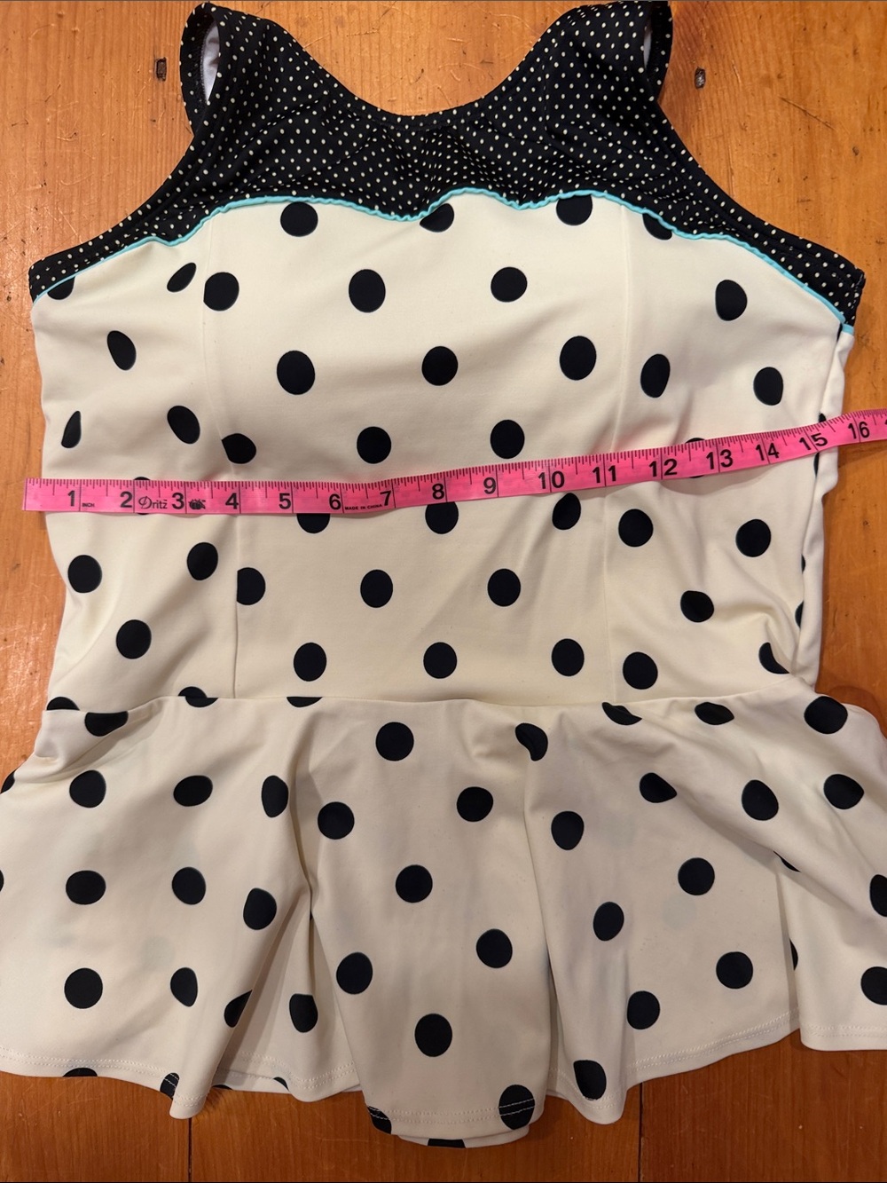2 piece Lime Ricki tankini swimsuit cream top black polka dots ruffled skirt L - Picture 13 of 14